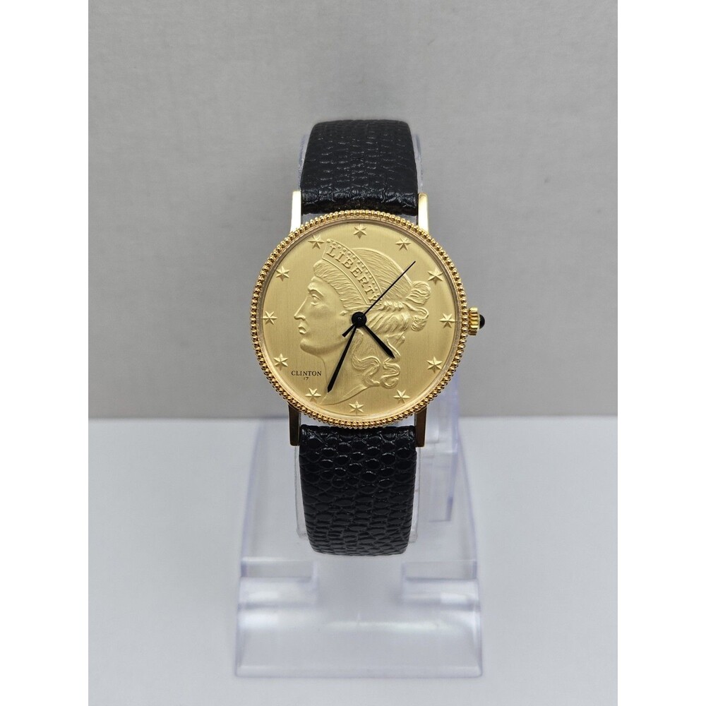 Vintage Clinton Liberty Coin 17 Jewel Manual Wind Mens Gold Tone Patriotic Watch